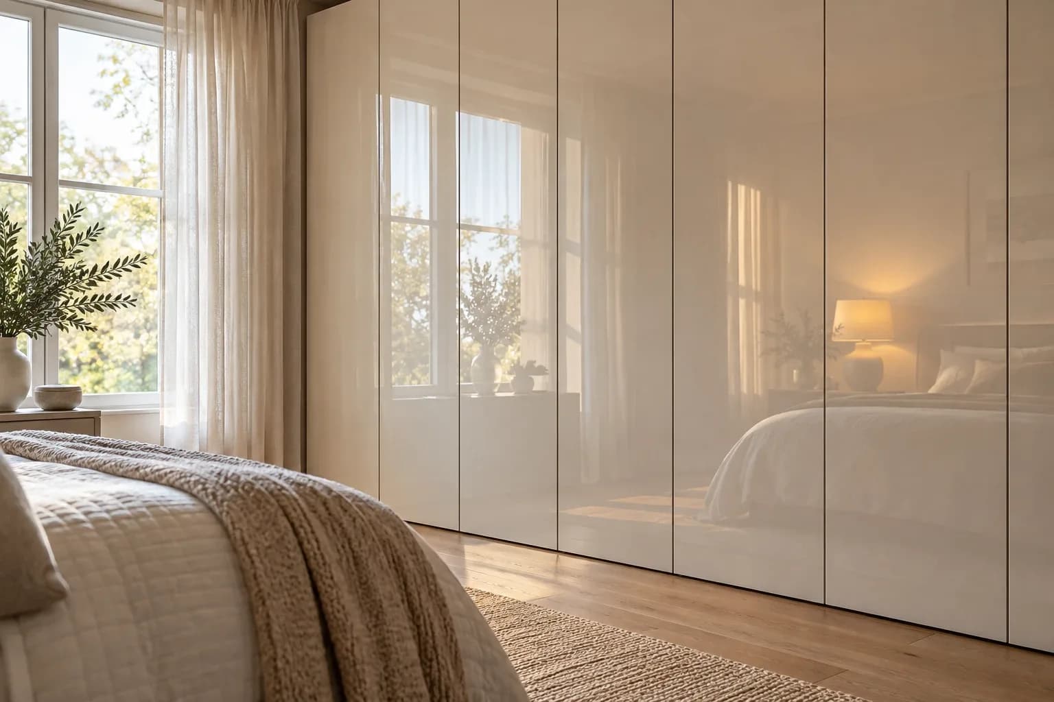 Glossy ivory wardrobe doors reflecting a bedroom window and bedside light.