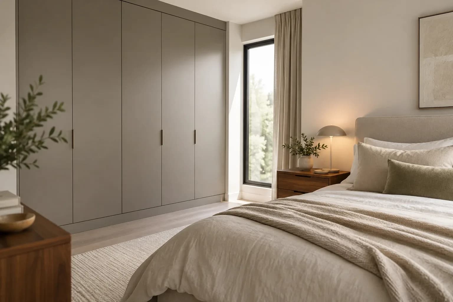 Matte warm-grey wardrobe doors beside a softly lit bed.