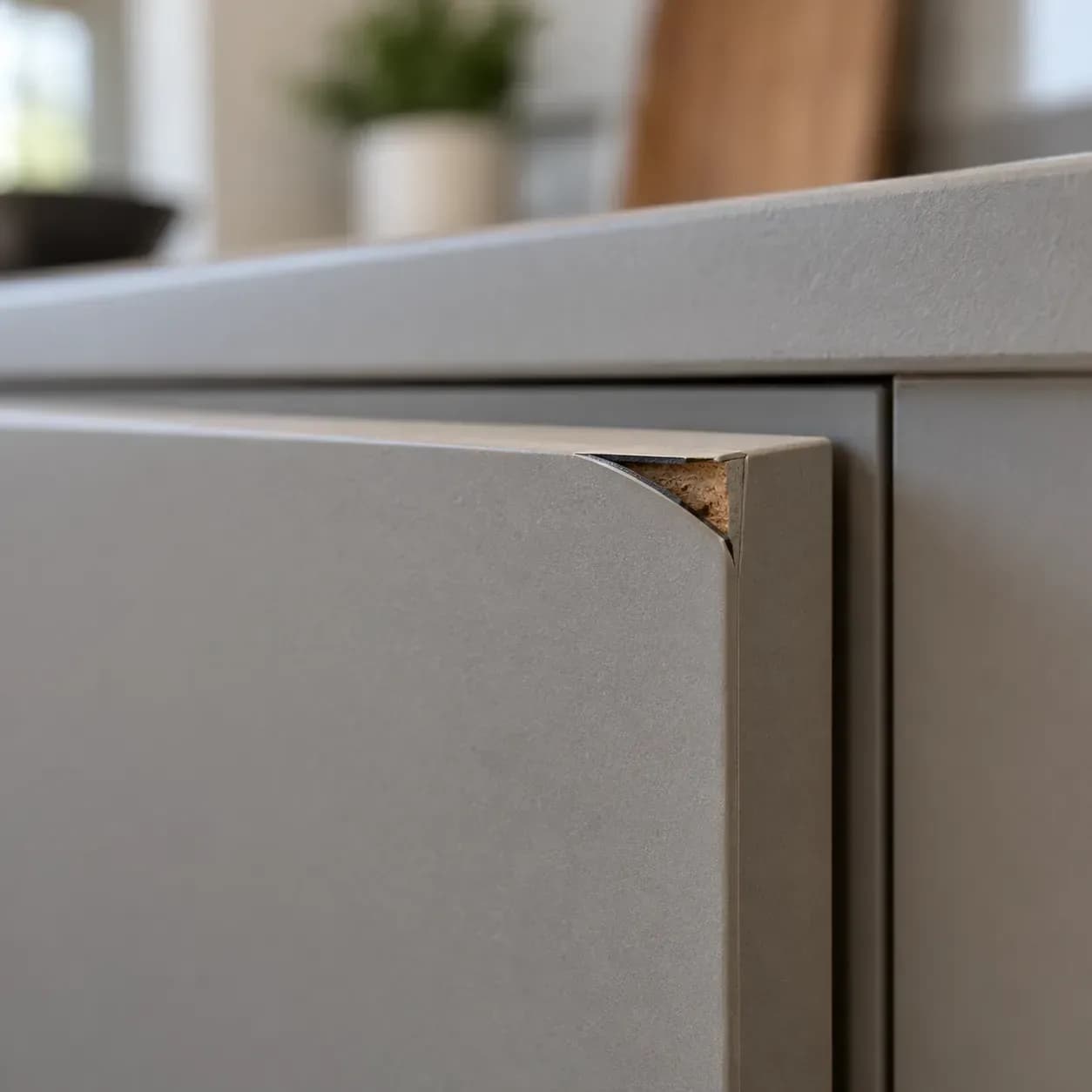 Close-up of a lifting laminate corner exposing the board beneath on a cabinet door