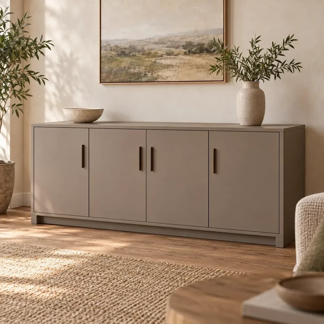 A refined taupe laminate sideboard with aligned doors and slim dark handles.