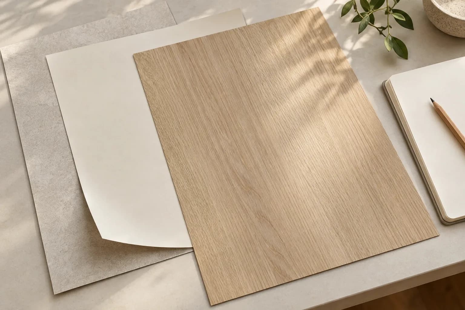 Thin ivory and wood-look laminate pieces arranged beside a blank notebook and pencil.