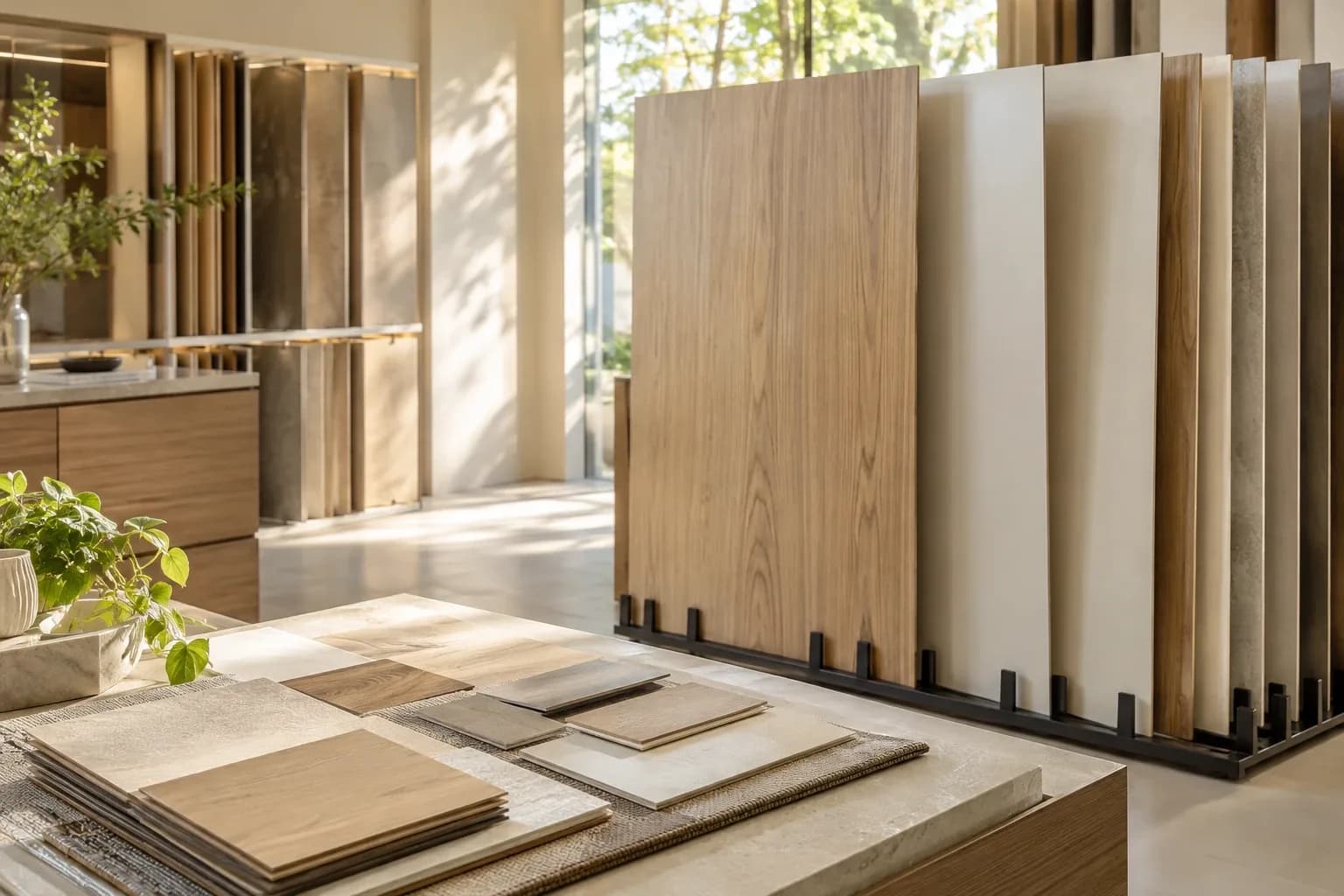 Large decorative laminate sheets and smaller swatches arranged in a material display.