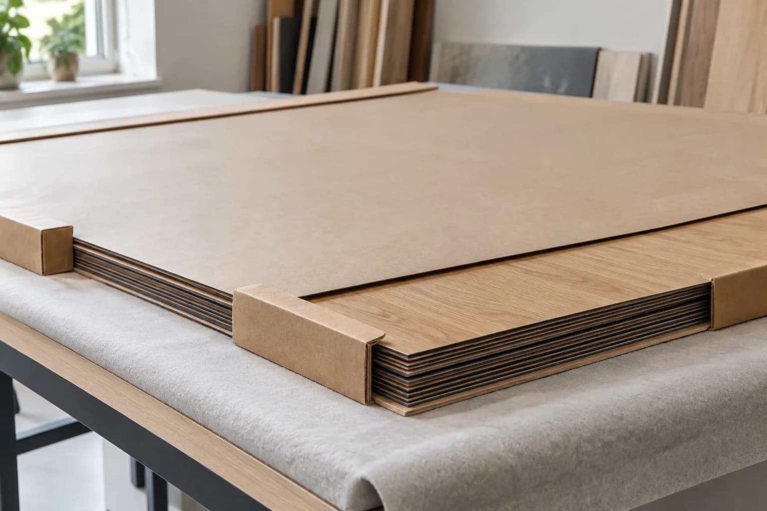 Flat laminate sheets protected with cardboard and corner guards on a clean handling table.
