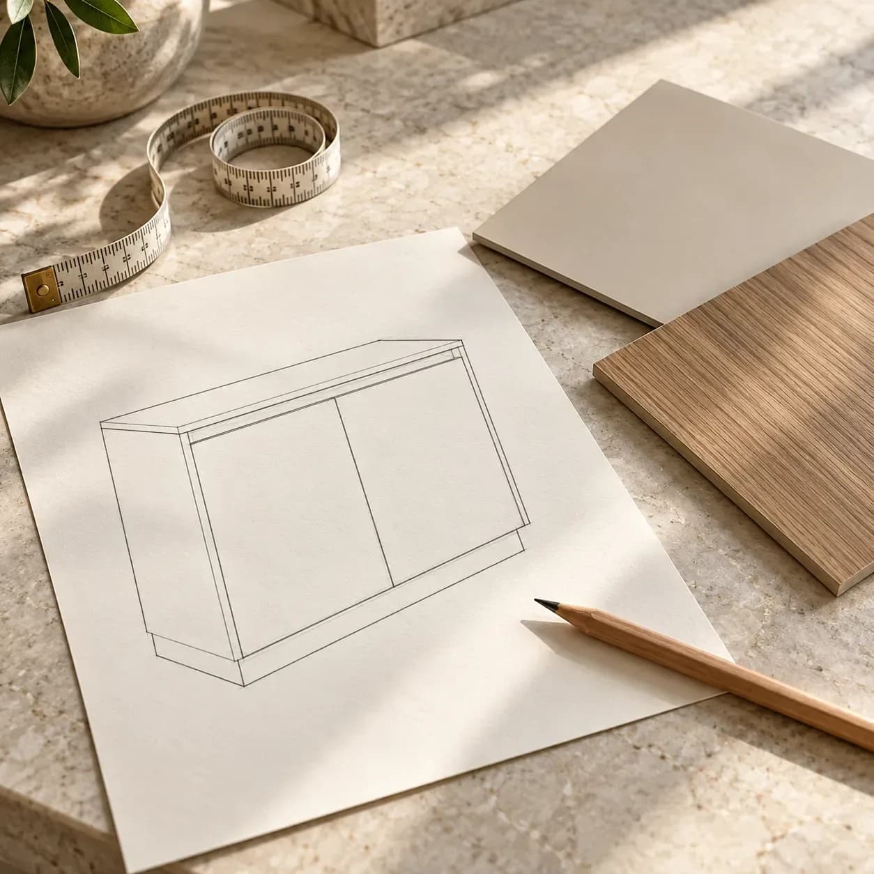 A furniture sketch, measuring tape and two laminate samples on a planning table.