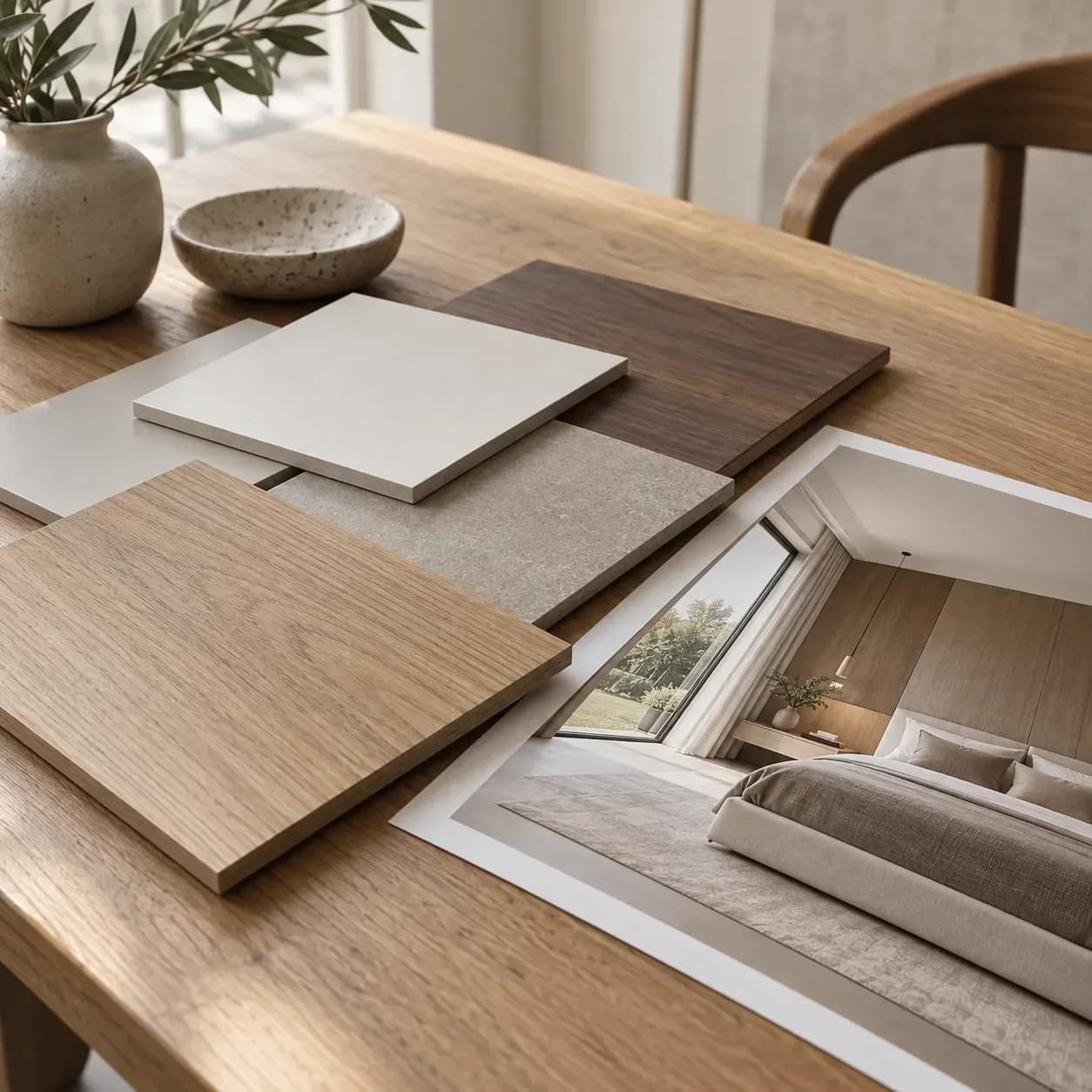 Laminate samples arranged beside a room photograph on a consultation table.