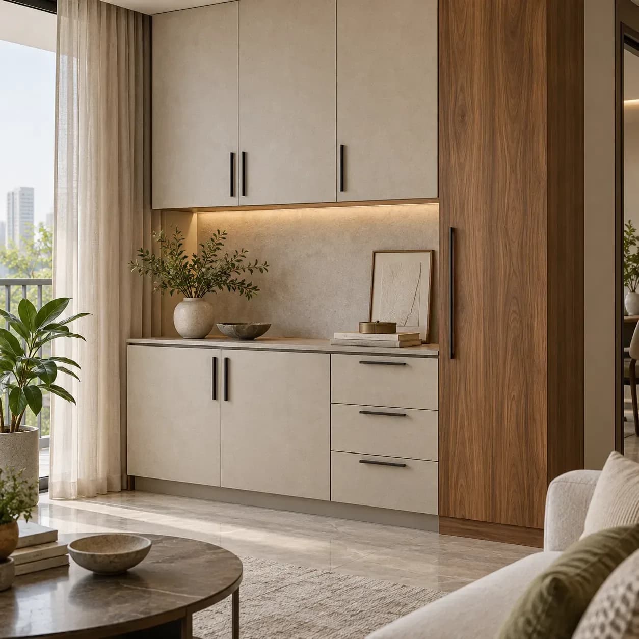 Soft neutral cabinetry with a wood-look feature panel in a naturally lit room.