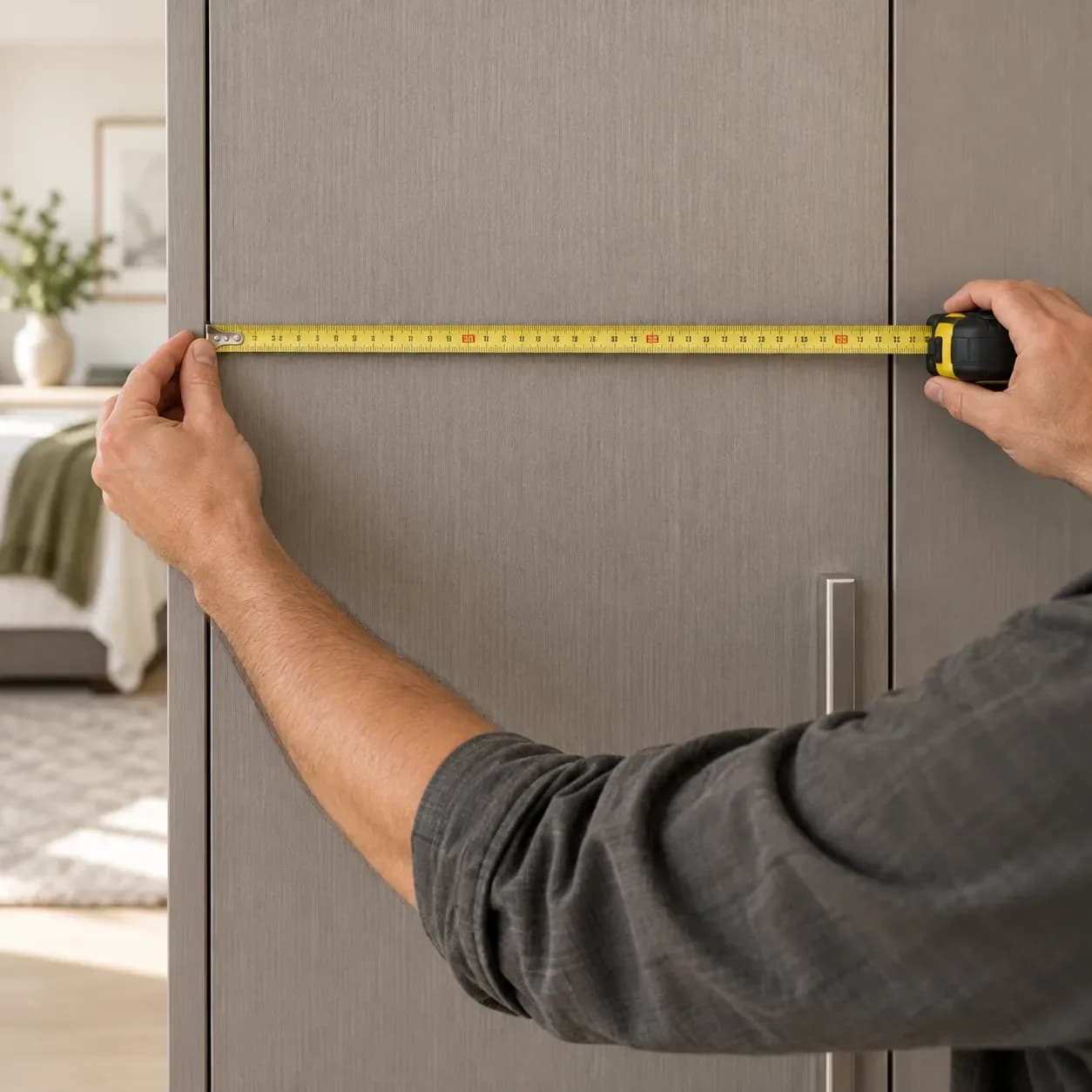 A carpenter measuring the width of a neutral laminate wardrobe door with a tape measure.
