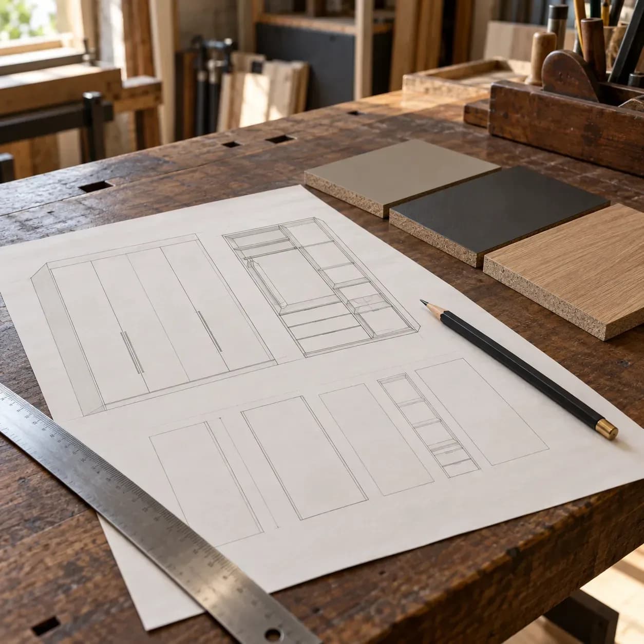 A wardrobe sketch, straightedge and laminate samples arranged on a carpenter’s worktable.
