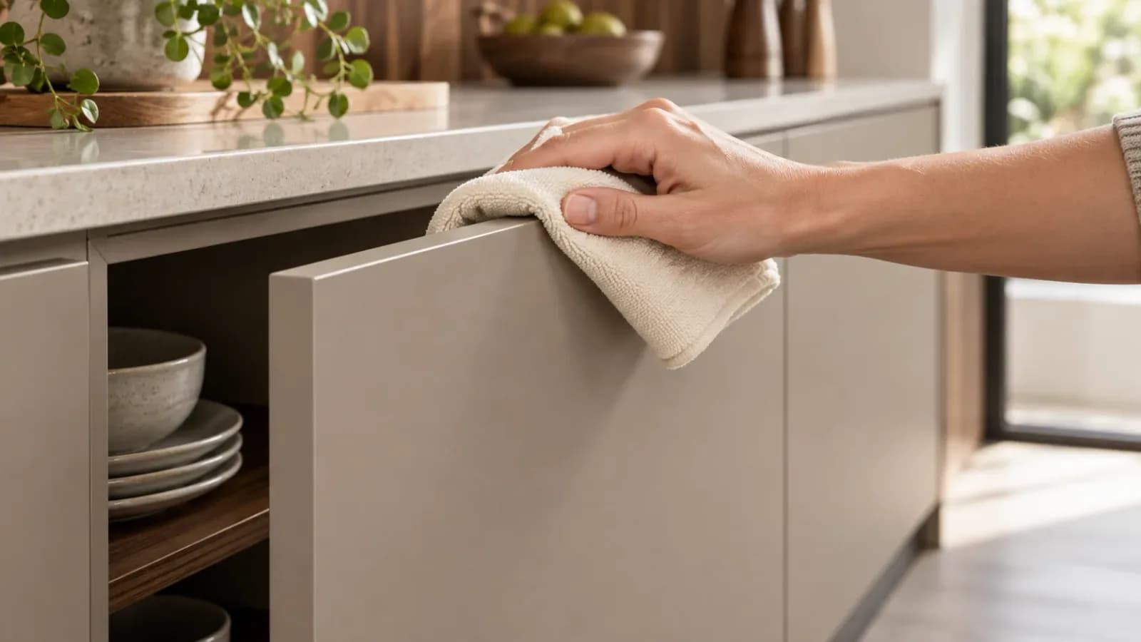 Folded cleaning cloth on a kitchen worktop with greige and walnut-look laminate cabinets