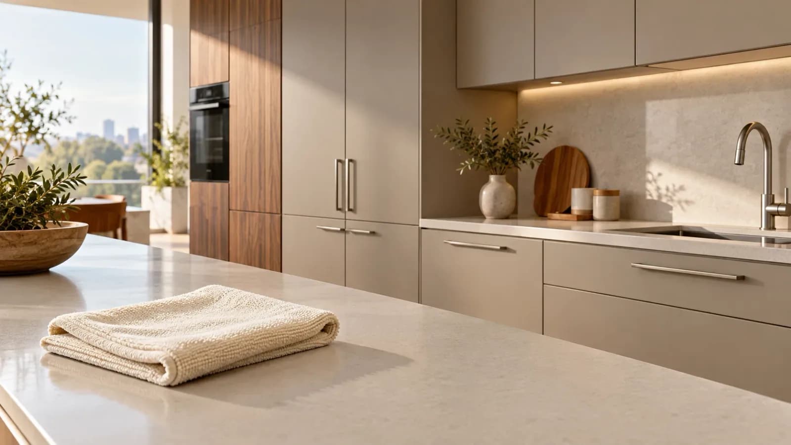 Hand drying the top edge of a greige laminate cabinet door with a soft cloth