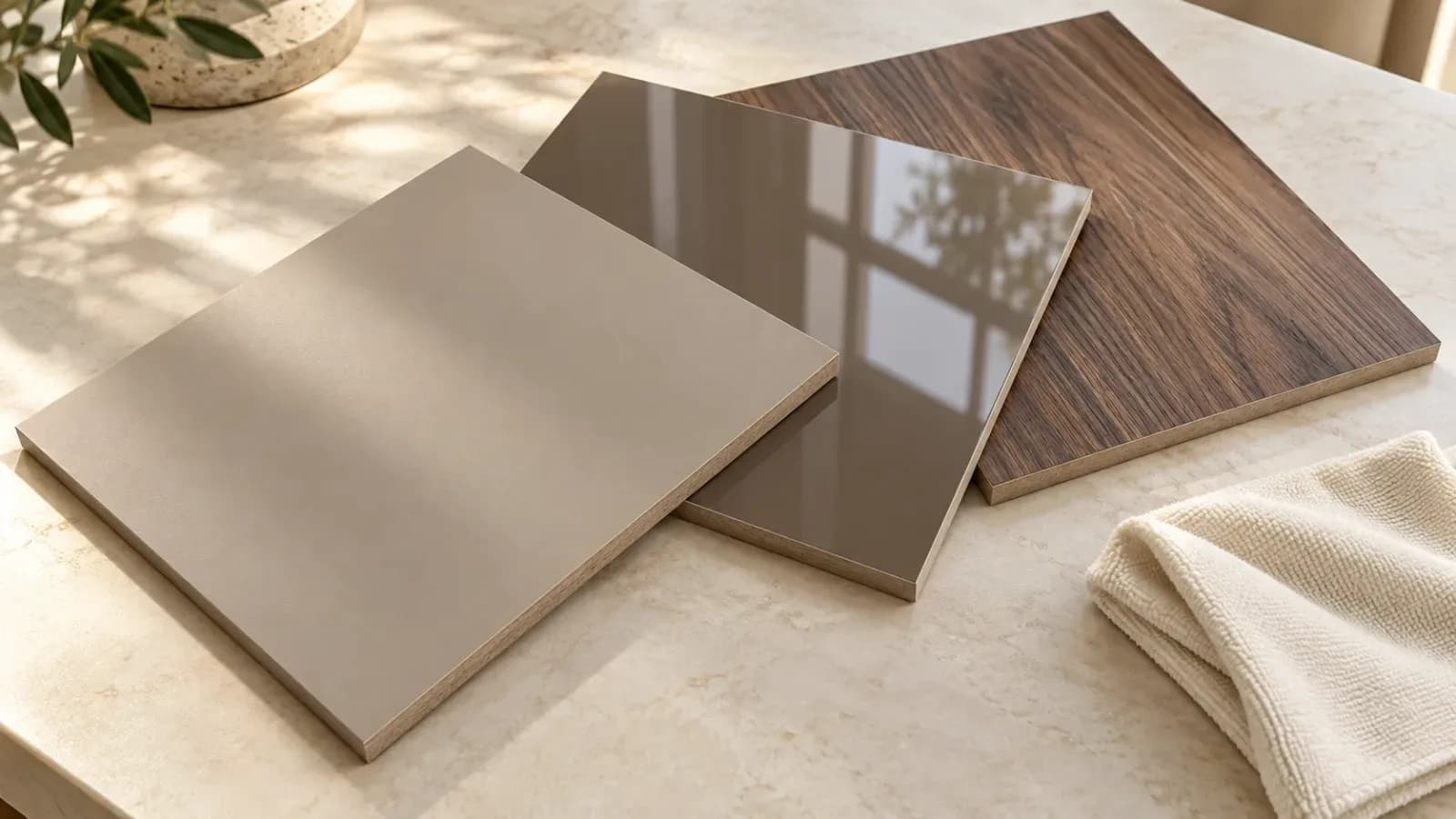 Matte greige, glossy taupe and wood-look laminate samples beside a folded cleaning cloth