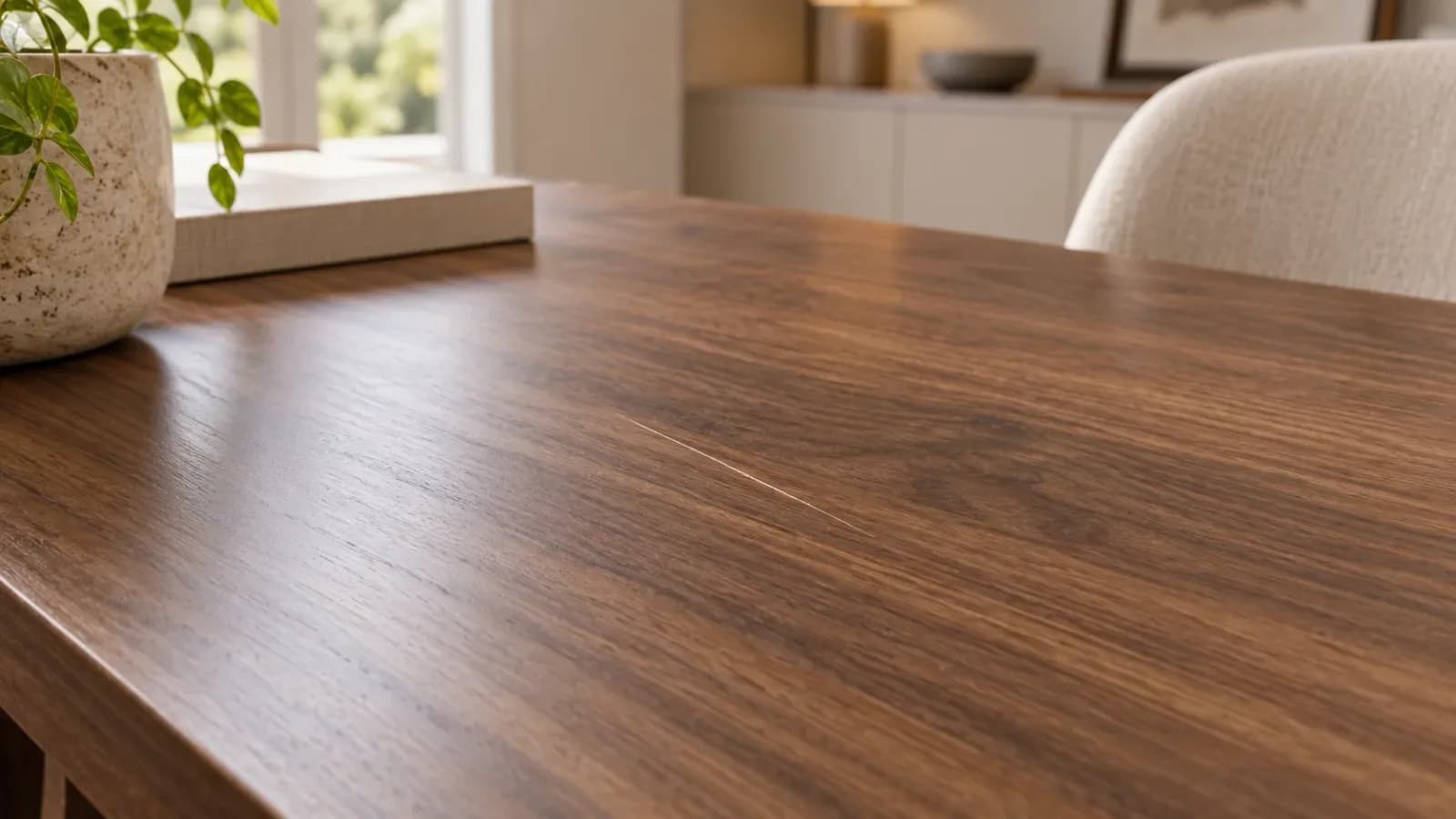 Walnut-look laminate desk with taupe cabinets and a folded cleaning cloth in a sunlit home study.