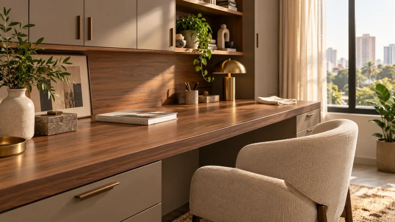 Walnut-look laminate desk with taupe cabinets and a folded cleaning cloth in a sunlit home study.