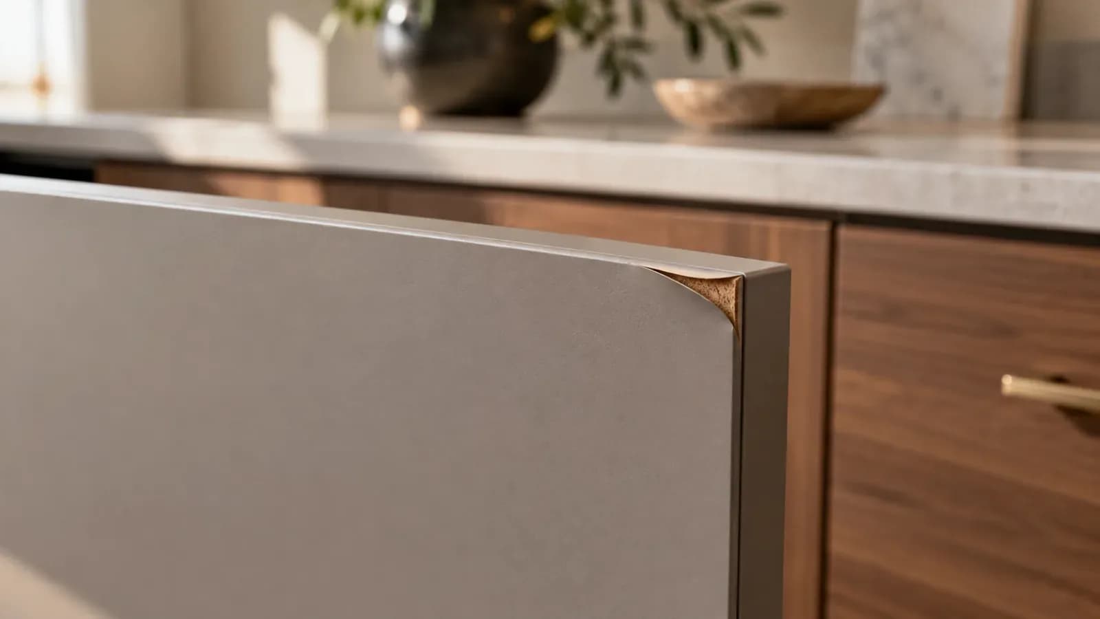 Taupe laminate lifting at a cabinet door corner, exposing a small area of the supporting board
