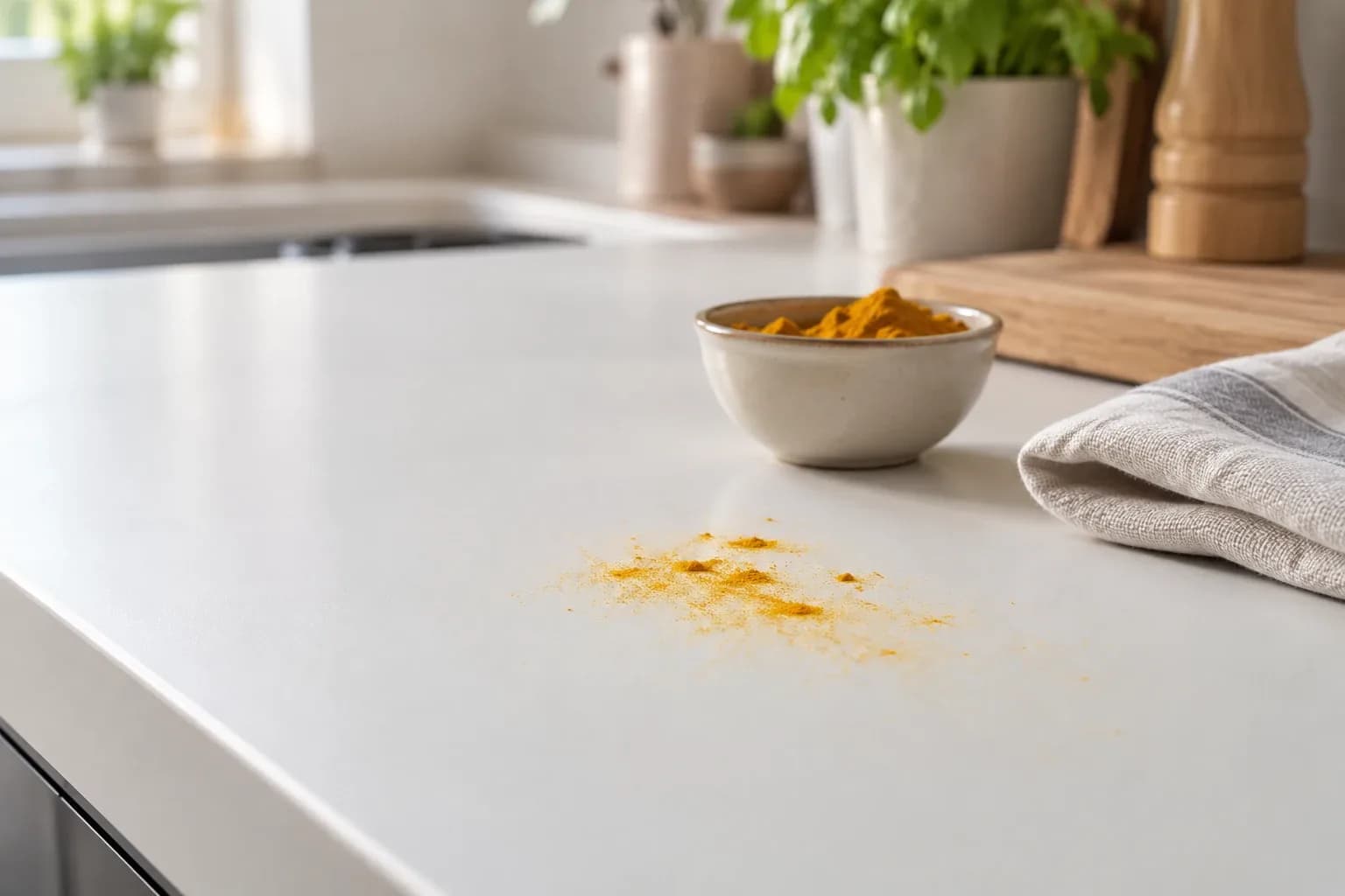 Turmeric powder spilled on a white laminate counter beside a small spice bowl.