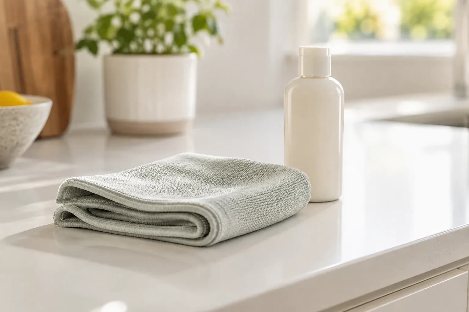 Soft cloth and a plain cleaning bottle on a dry white laminate counter.
