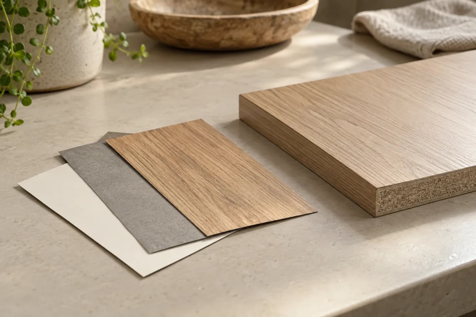 Thin decorative laminate swatches beside a finished furniture panel.