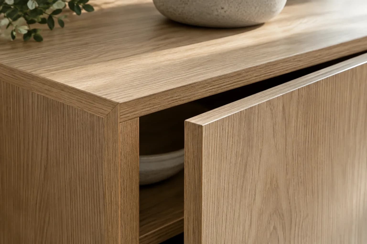 Close view of a wood-look cabinet corner with a neat edge band.