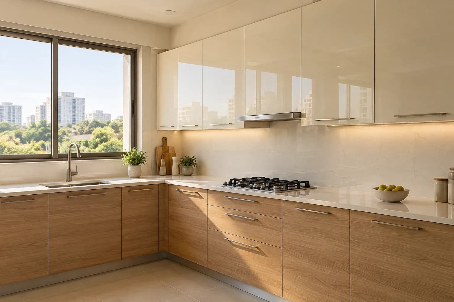 Glossy ivory upper cabinets and wood-look lower cabinets in a sunlit kitchen.