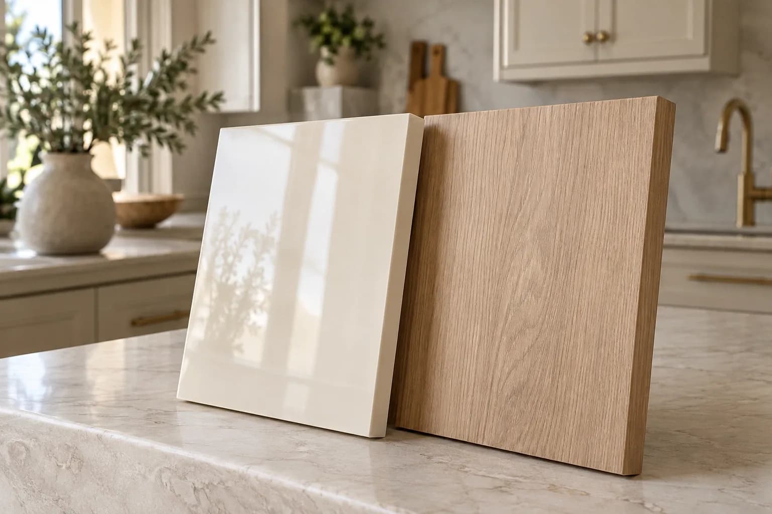 Close view of glossy ivory and matte wood-look cabinet door finishes.