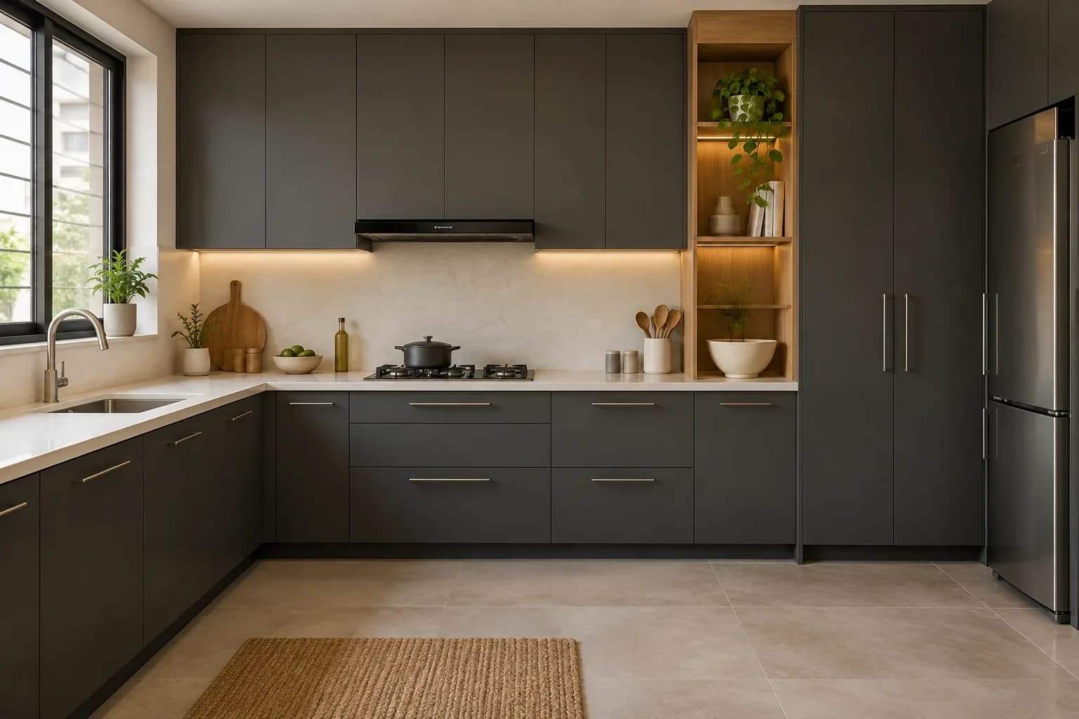 Matte charcoal laminate kitchen cabinets paired with a light counter and warm oak accents.