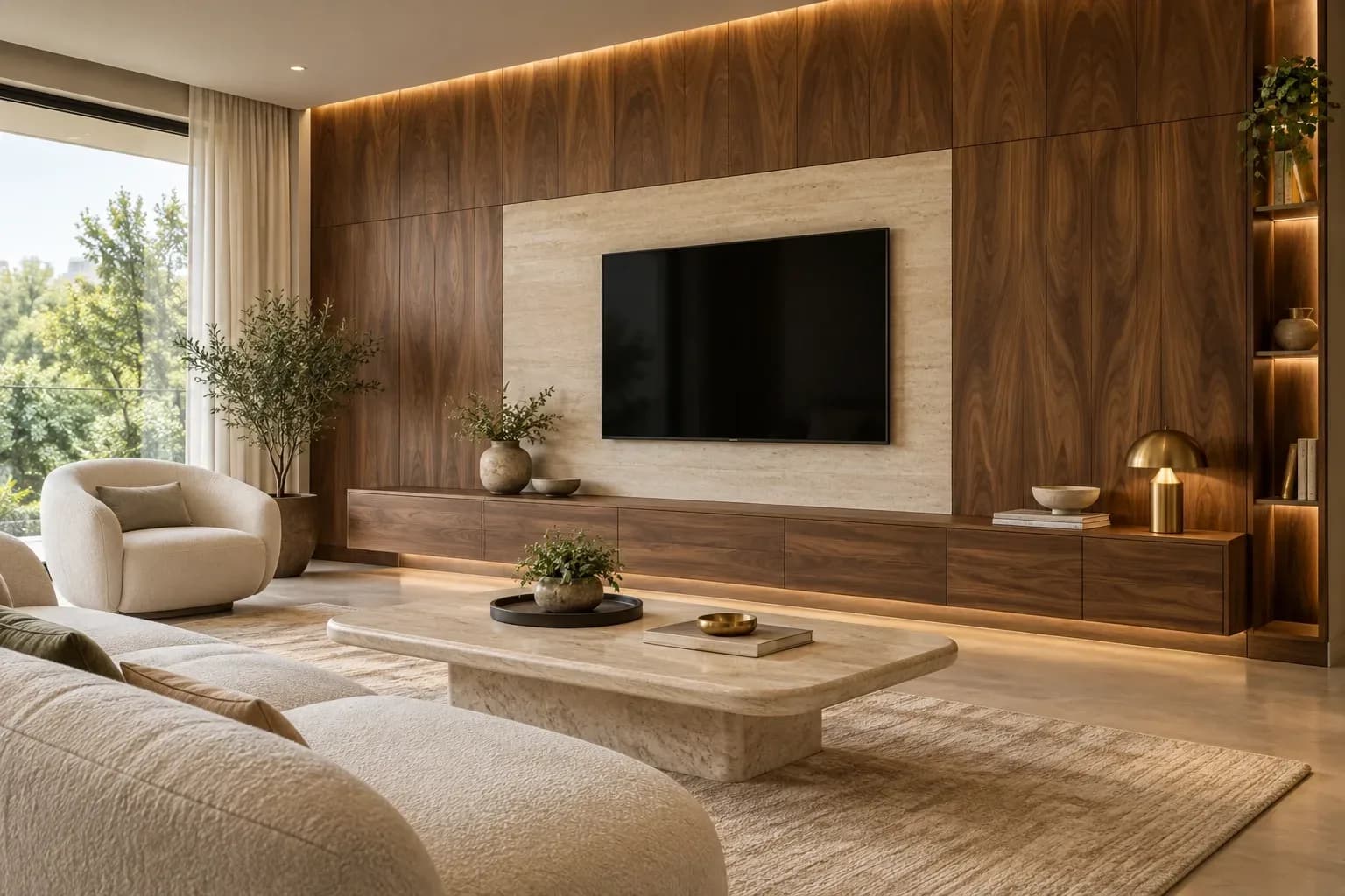 Luxury living room with walnut veneer wall panels and a floating cabinet.