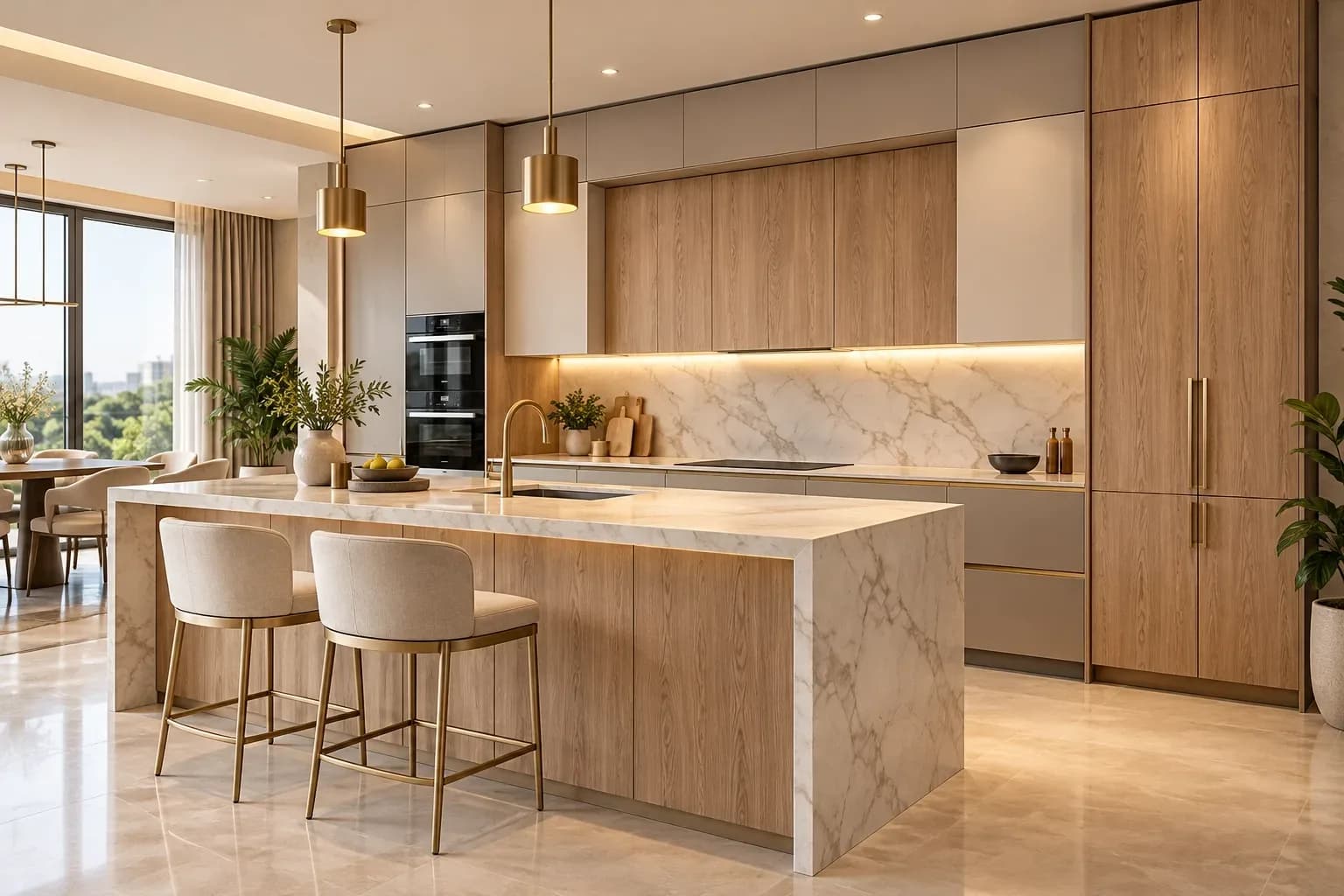 Luxury kitchen with oak-look and matte ivory laminate cabinets.
