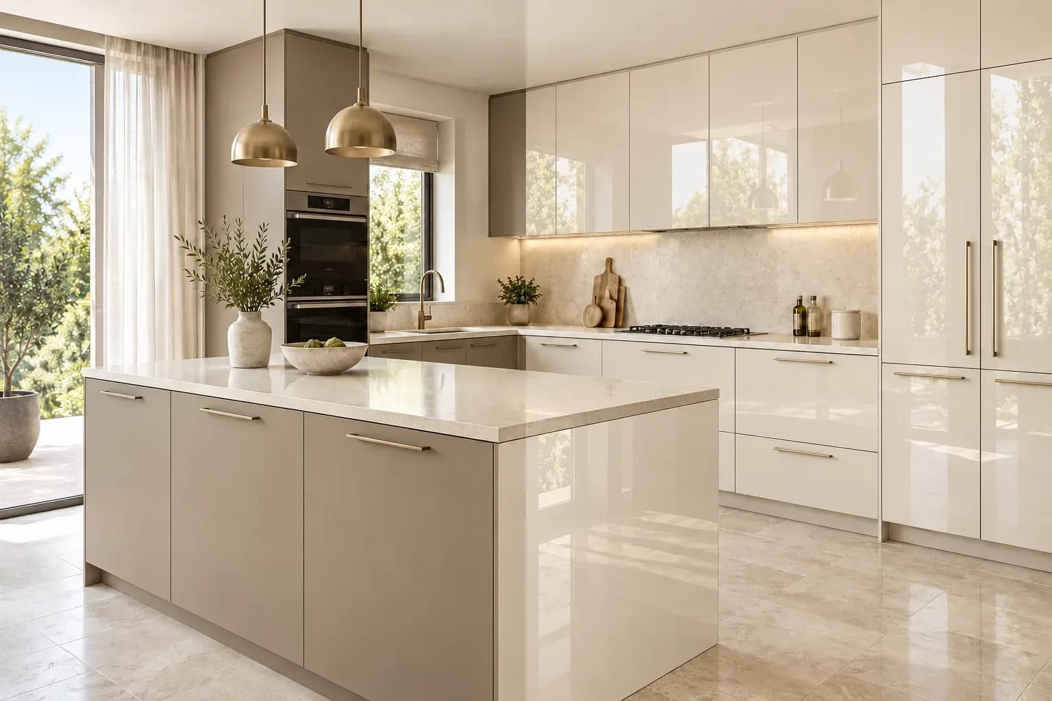 Kitchen comparing matte greige laminate cabinets on the left with glossy ivory cabinets on the right.