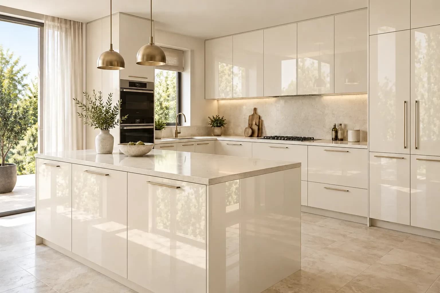 Modern kitchen with warm greige matte laminate cabinets, a pale stone island and brushed brass handles.