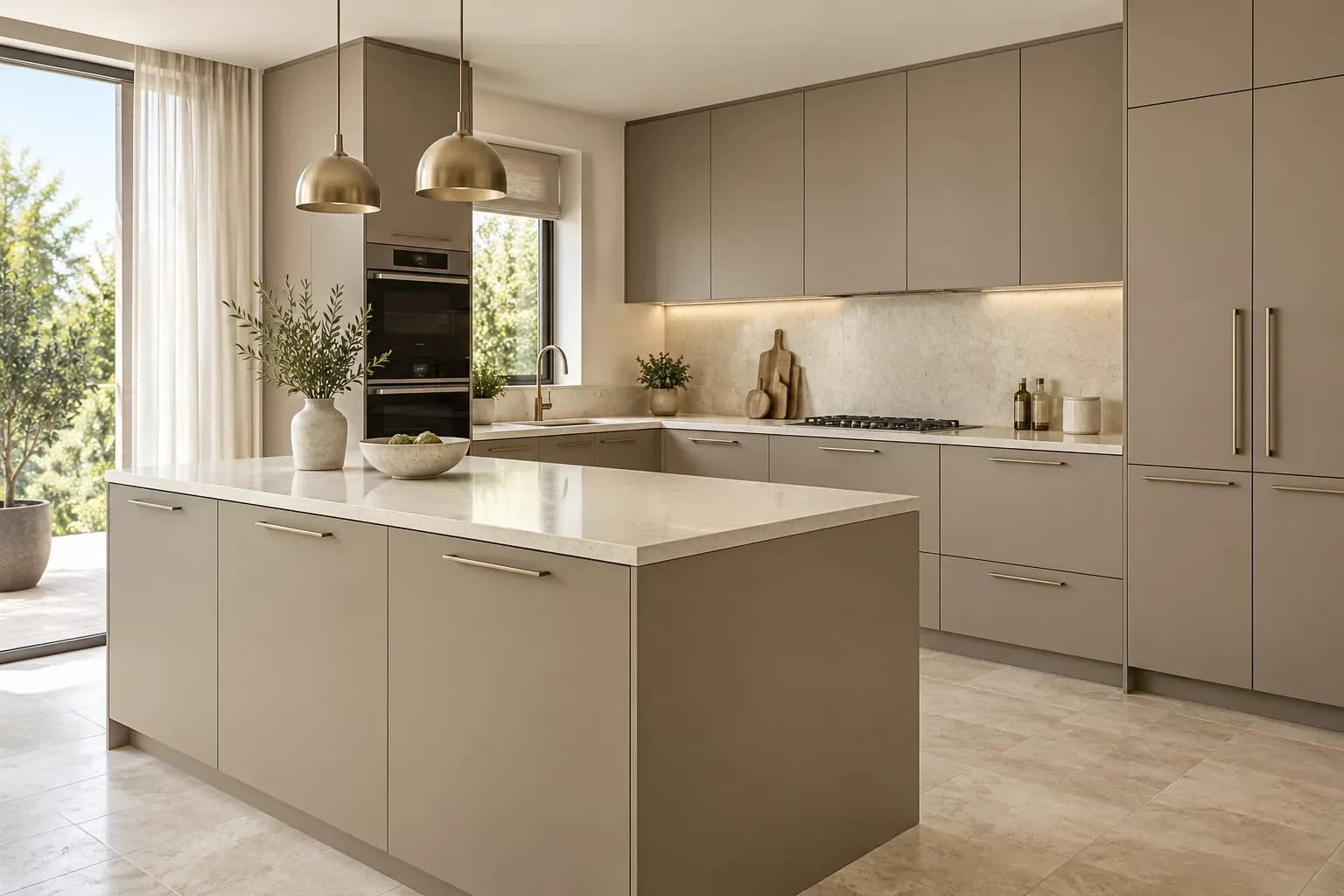 Modern kitchen with glossy ivory laminate cabinets reflecting daylight, a pale stone island and brushed brass handles.