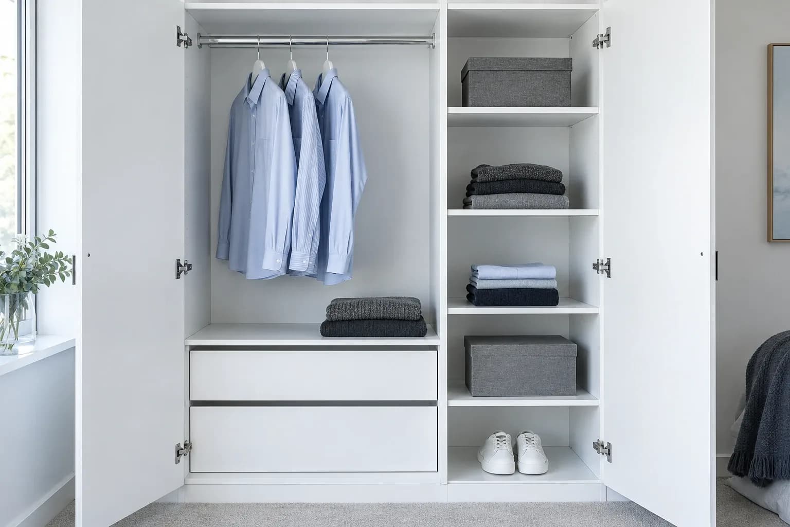 Bright white wardrobe interior with shelves, drawers and neatly hung pale blue shirts.