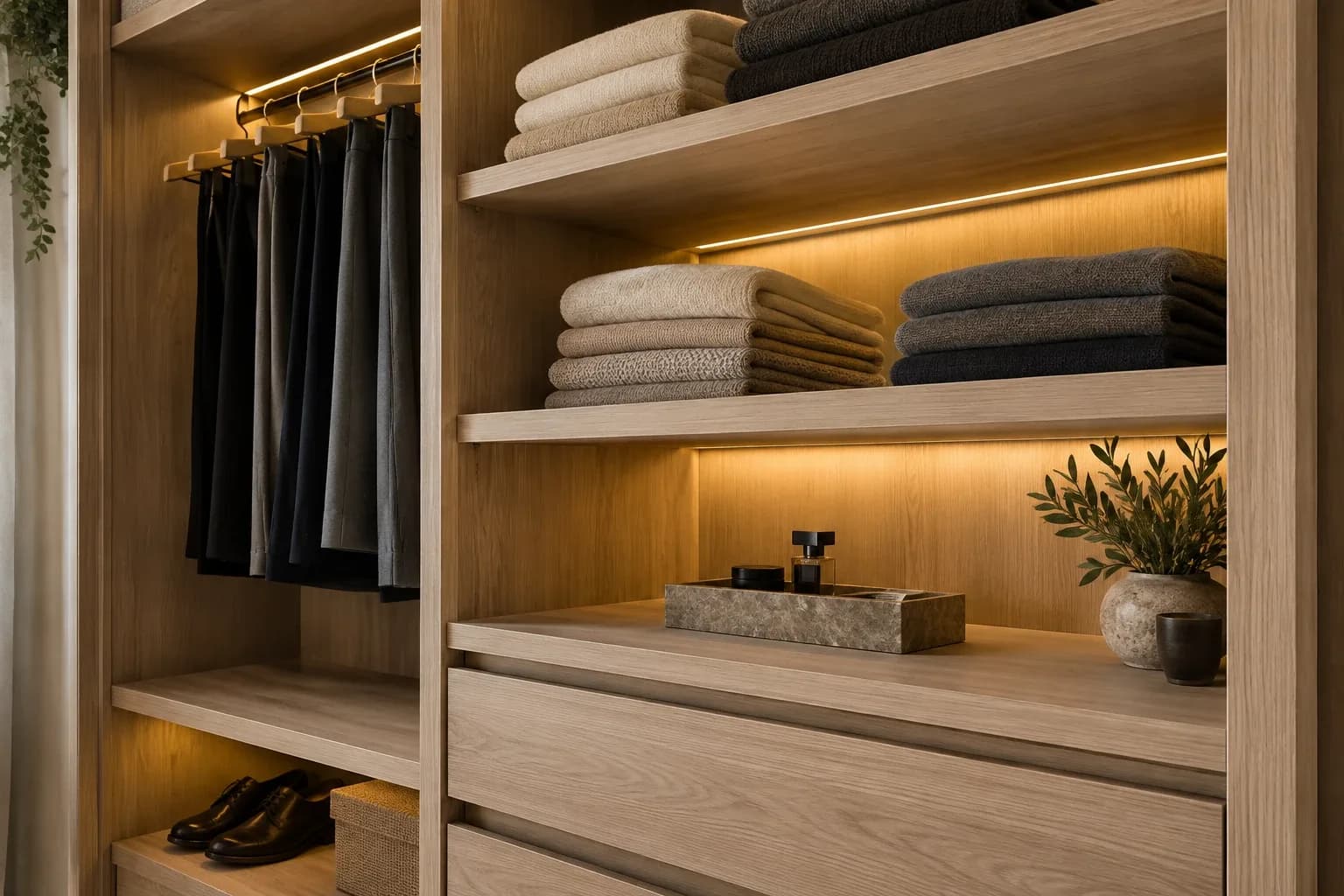 Open wardrobe with warm wood-look shelves, drawers and hanging space.