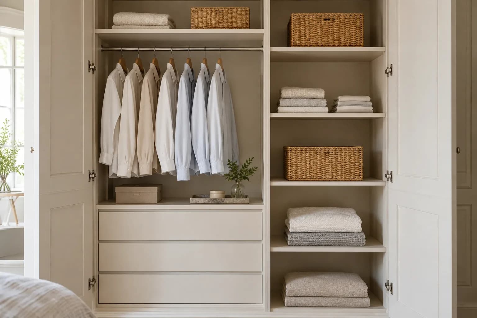 Open wardrobe with ivory interiors, folded linen and neatly hung shirts.