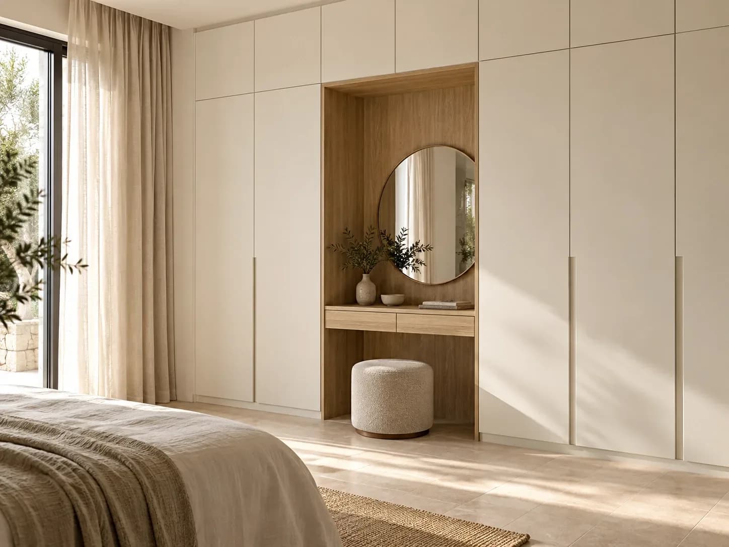 Ivory laminate wardrobes surrounding an oak-look dressing niche with a round mirror and upholstered stool.