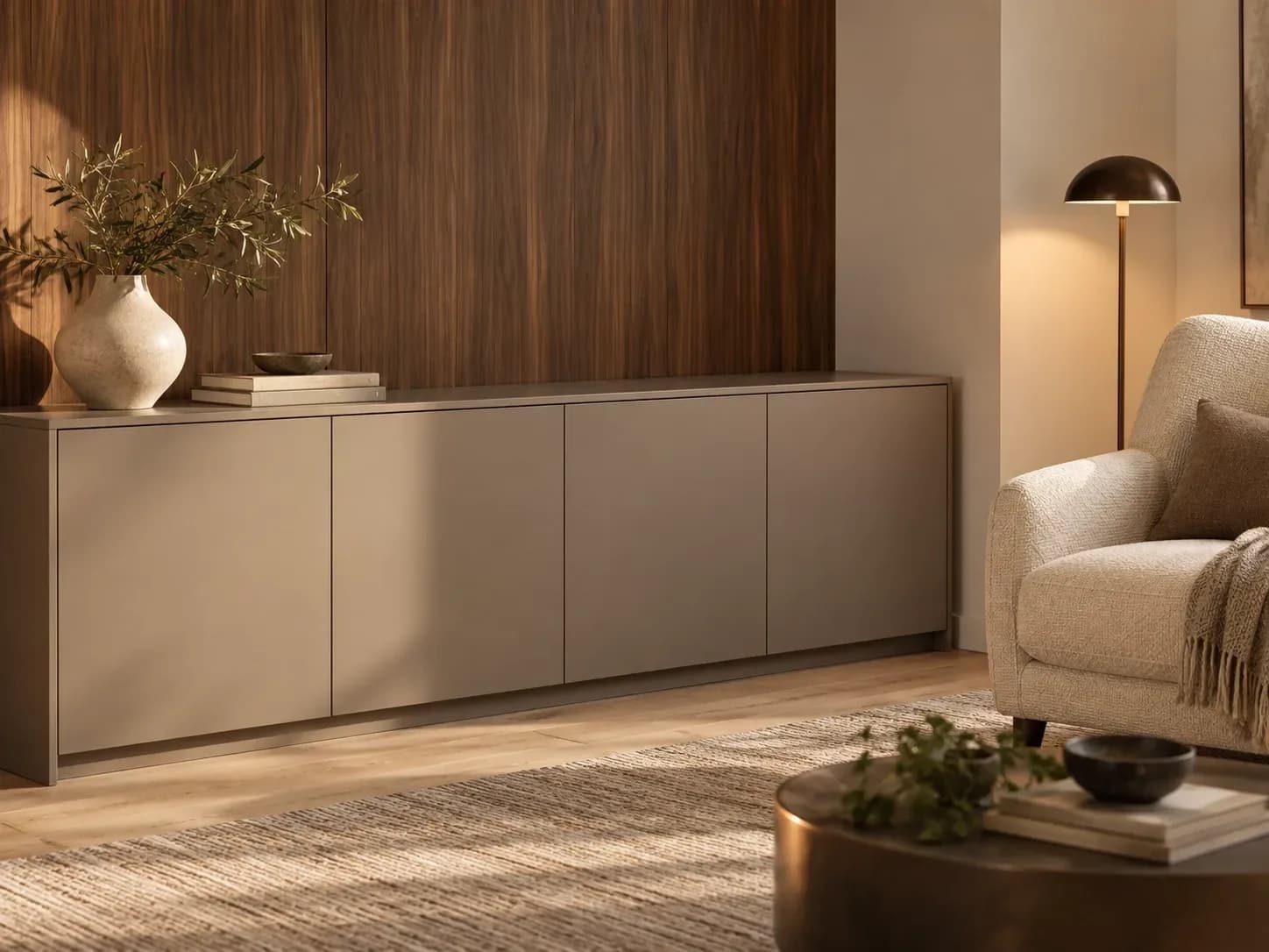 Taupe laminate sideboard beneath a walnut-look wall panel, beside a cream reading chair and bronze floor lamp.