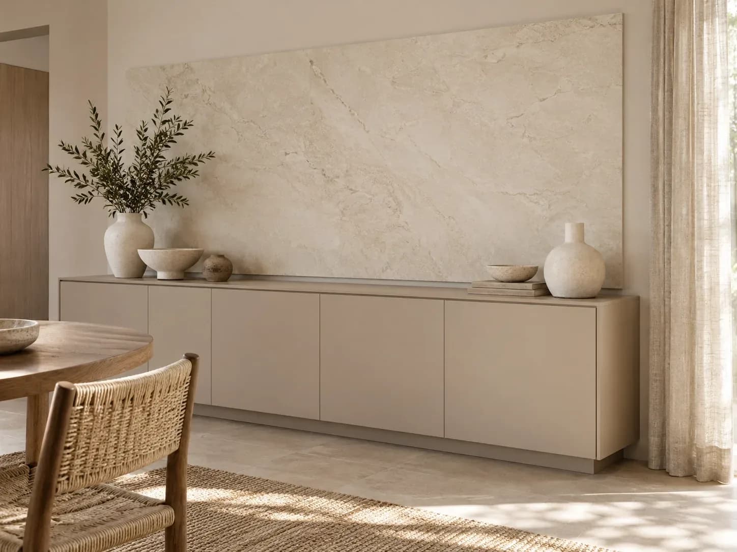 Sand-coloured laminate console beneath a pale stone-look feature panel, styled with rounded ceramic vessels.