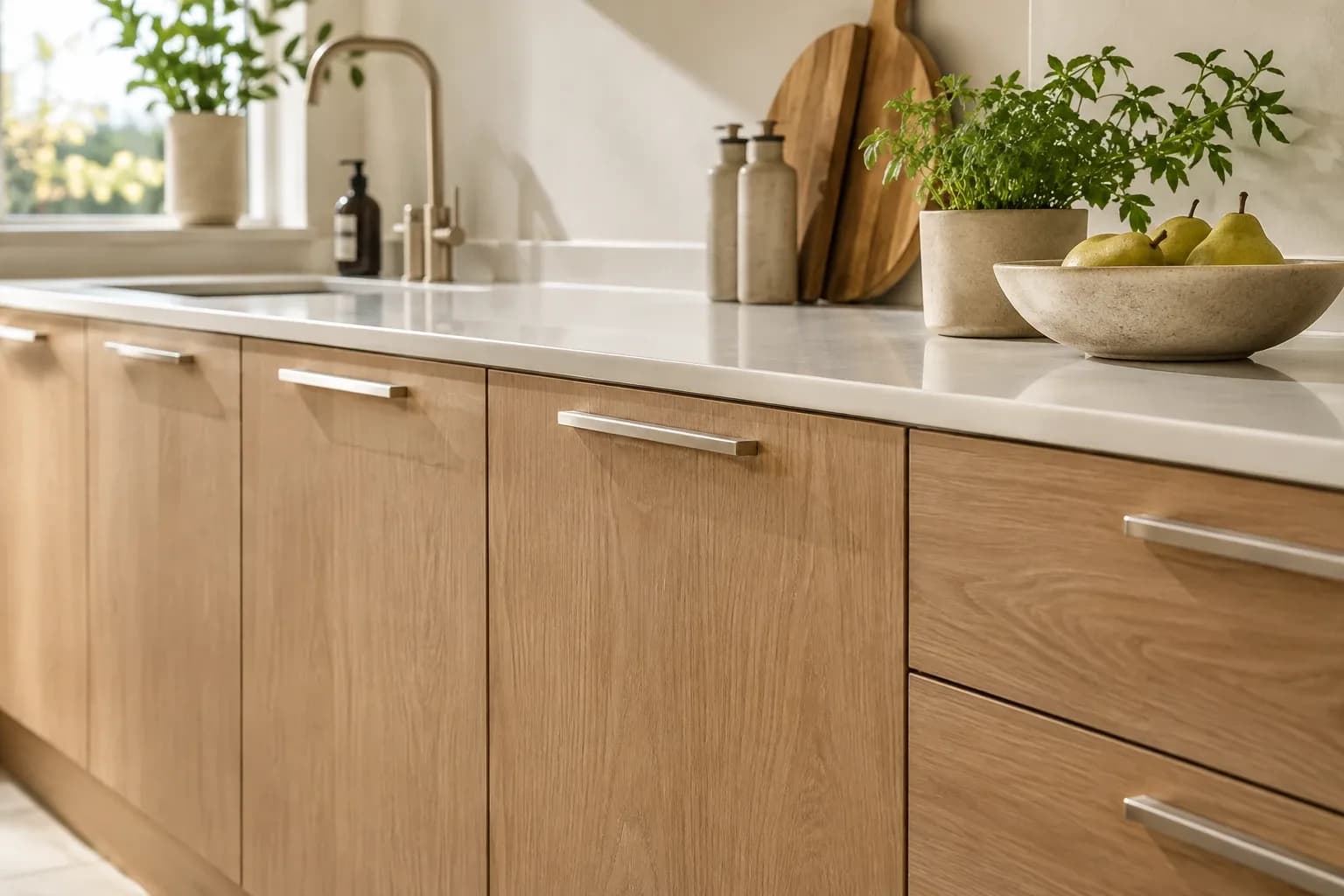 Finished oak-look kitchen cabinet with neatly aligned doors and discreet handles.