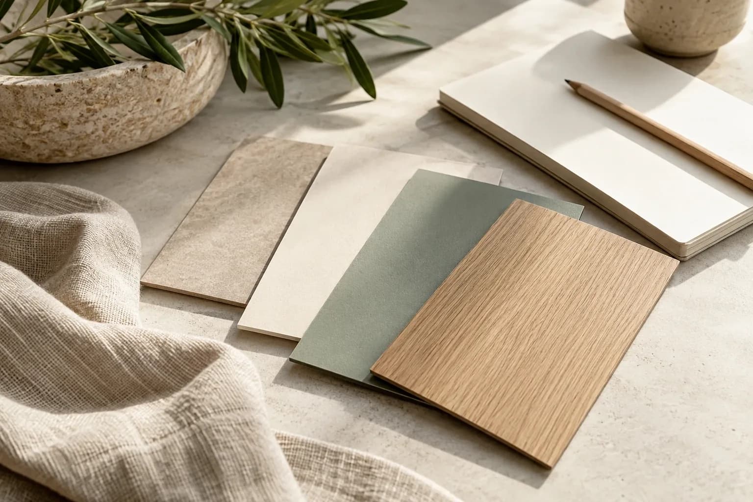 Neutral and wood-look laminate swatches arranged on a kitchen design table.
