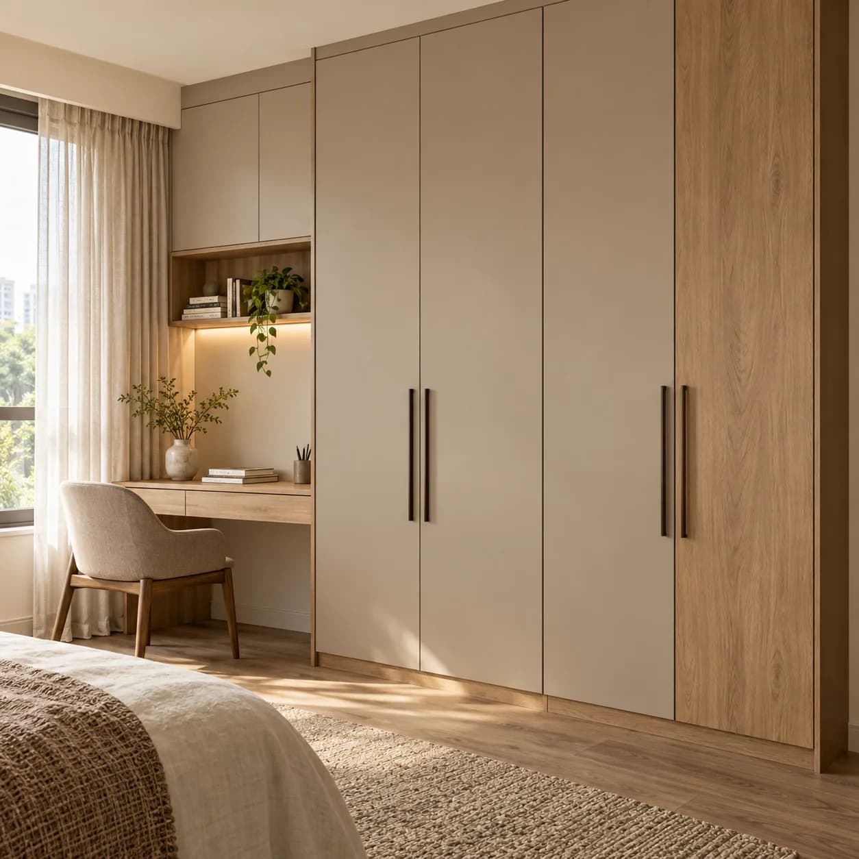 Taupe laminate wardrobe with an oak-look side panel and matching built-in study desk in a softly lit bedroom.
