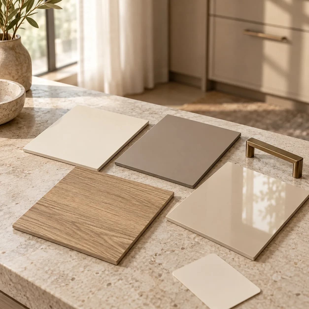 Ivory, taupe, oak-look and glossy beige laminate swatches arranged beside a bronze cabinet handle in natural light.