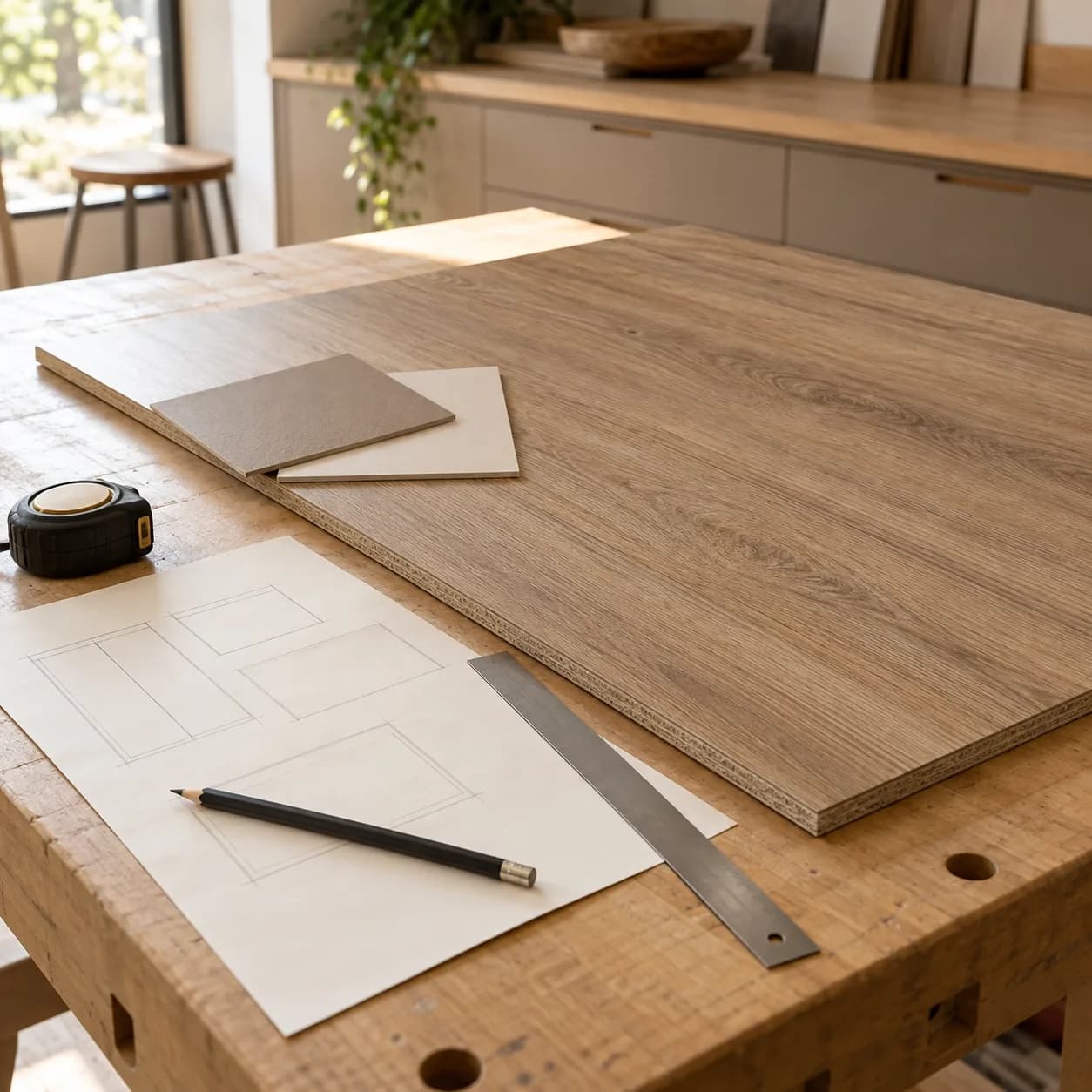 Oak-look laminated panel on a workbench beside a cabinet sketch, pencil, straightedge, measuring tape and neutral swatches.