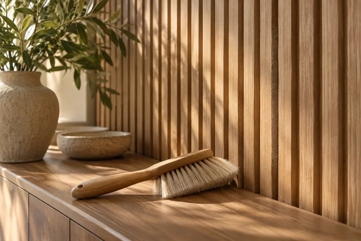 Soft dusting brush beside the grooves of a wood-look fluted wall panel.