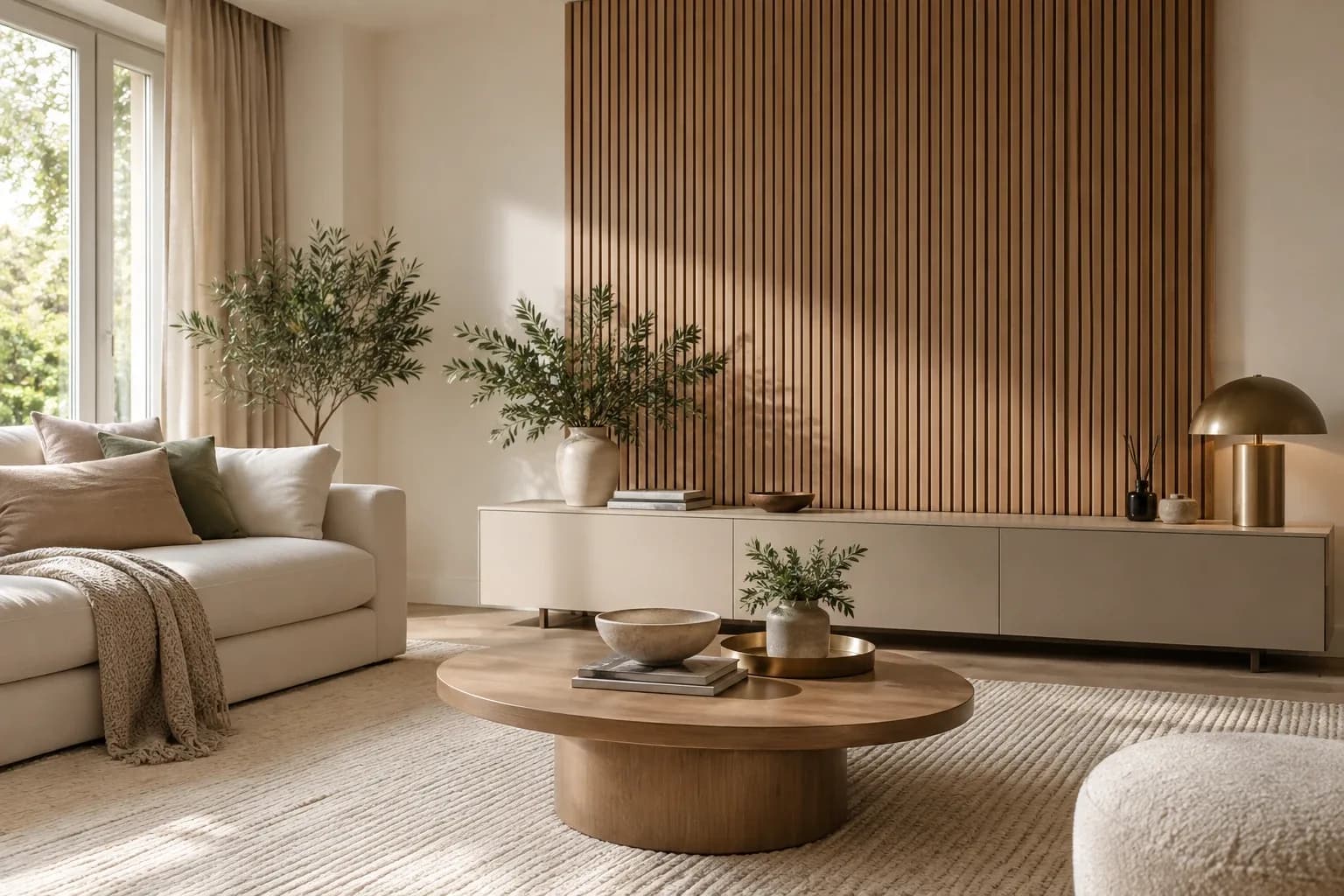 Wood-look fluted accent panel beside a sofa in a warm neutral living room.