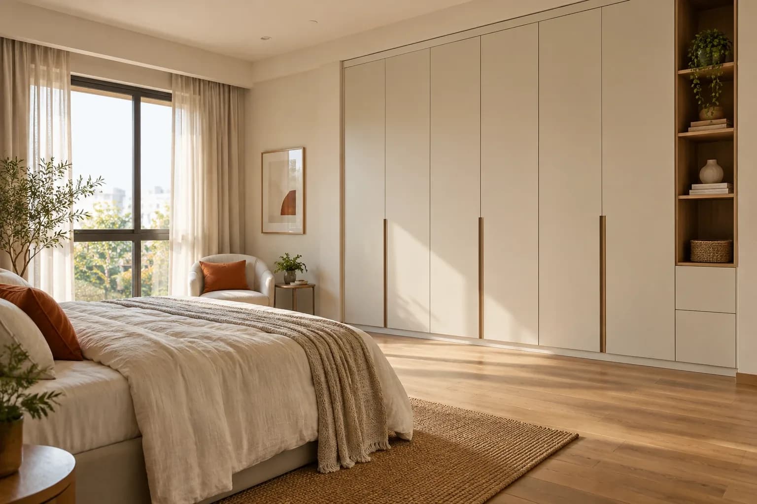 Cream wardrobe doors paired with warm oak flooring and off-white walls.