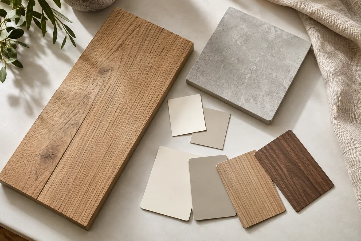 Wood flooring, grey tile, warm neutral paint chips and laminate swatches arranged as an interior palette.