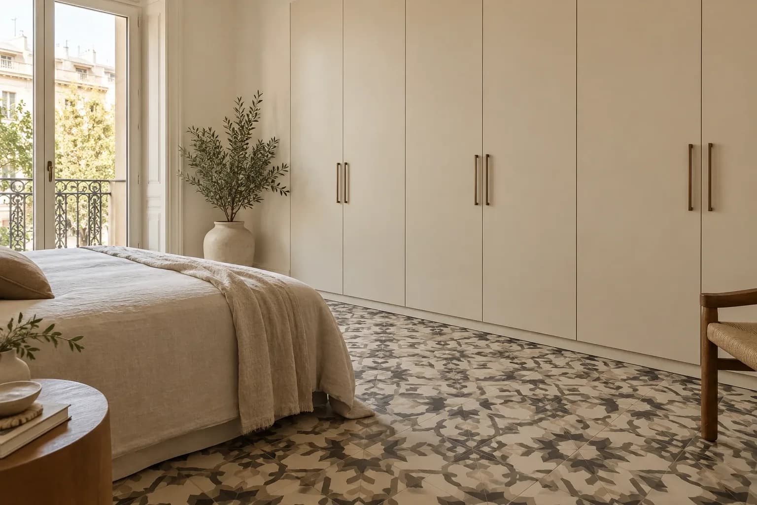 Plain ivory wardrobe doors beside a patterned tile floor and warm neutral walls.