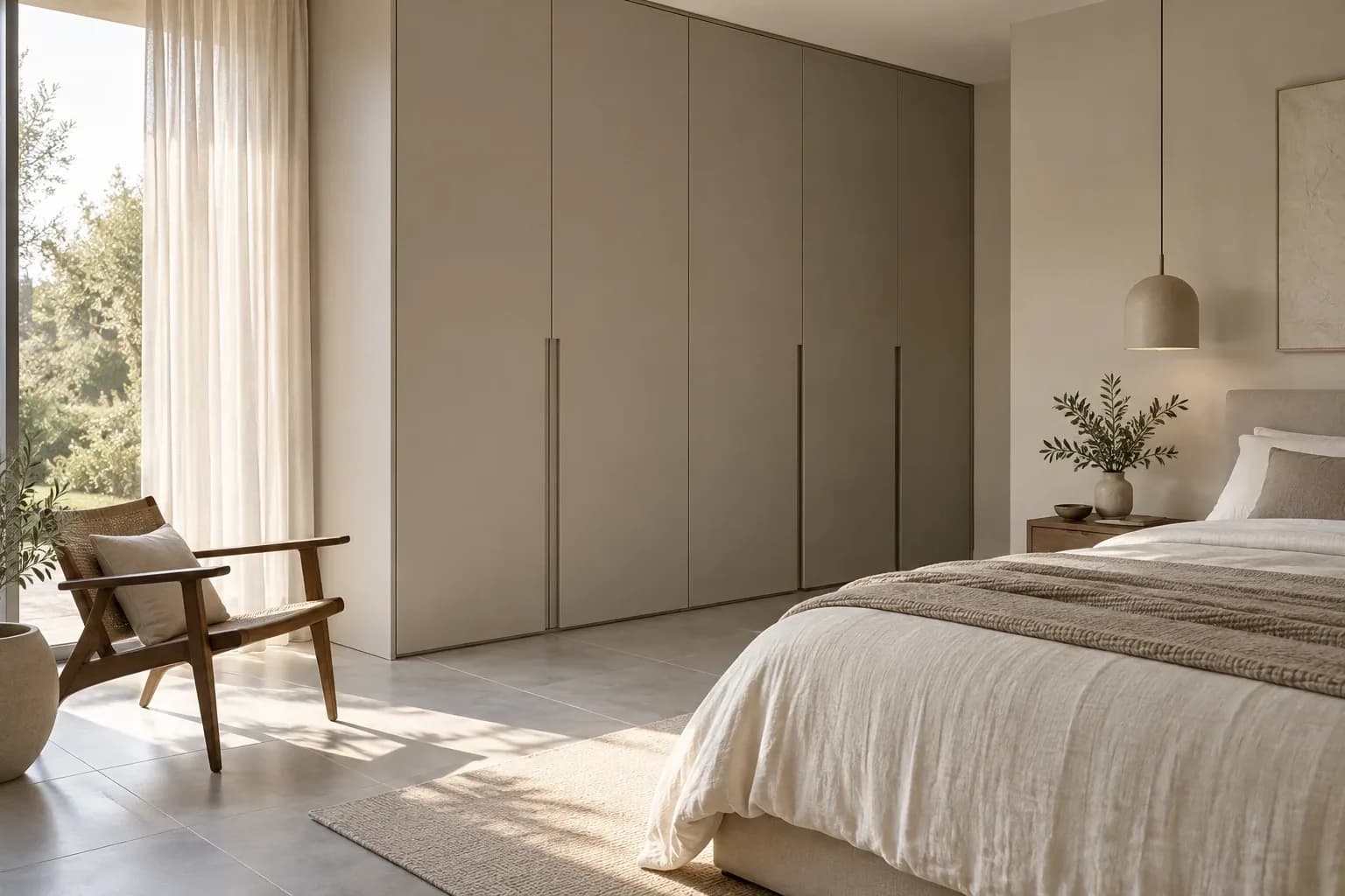 Soft greige wardrobe doors paired with grey flooring and warm neutral walls.