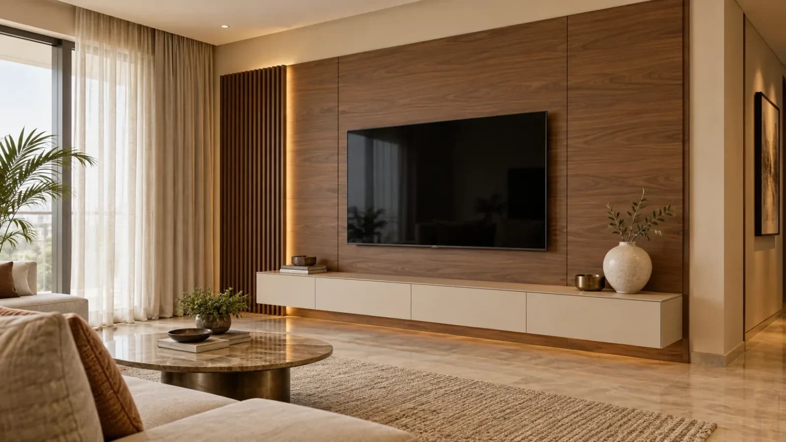 TV wall with walnut-look laminate panelling, a floating cream console and neutral furnishings.