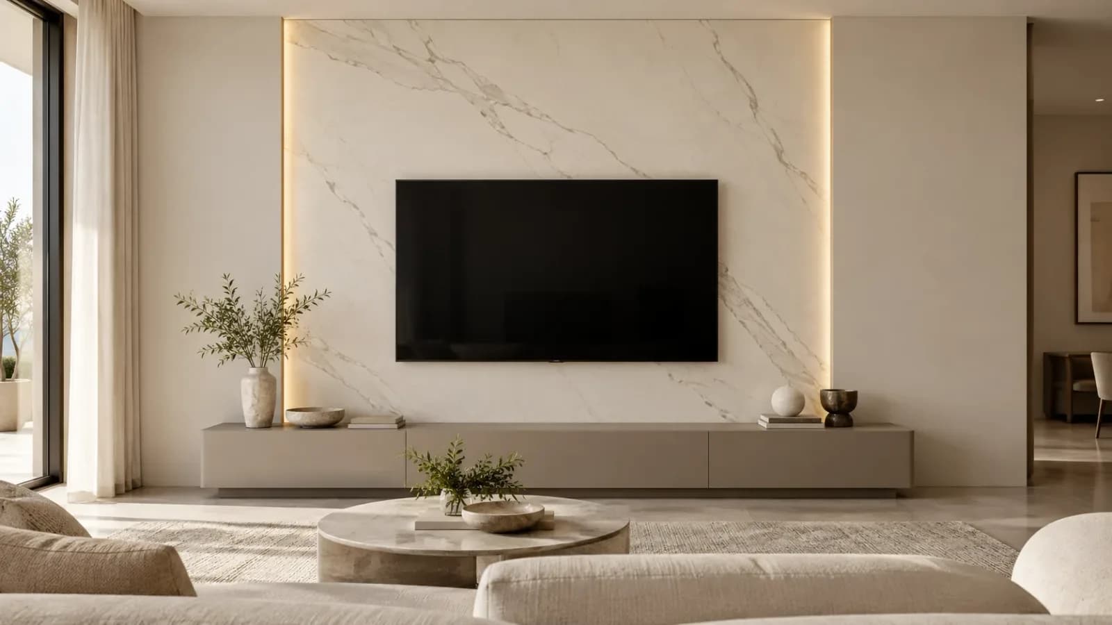 Pale marble-look laminate TV panel with warm accent lighting above a taupe console.