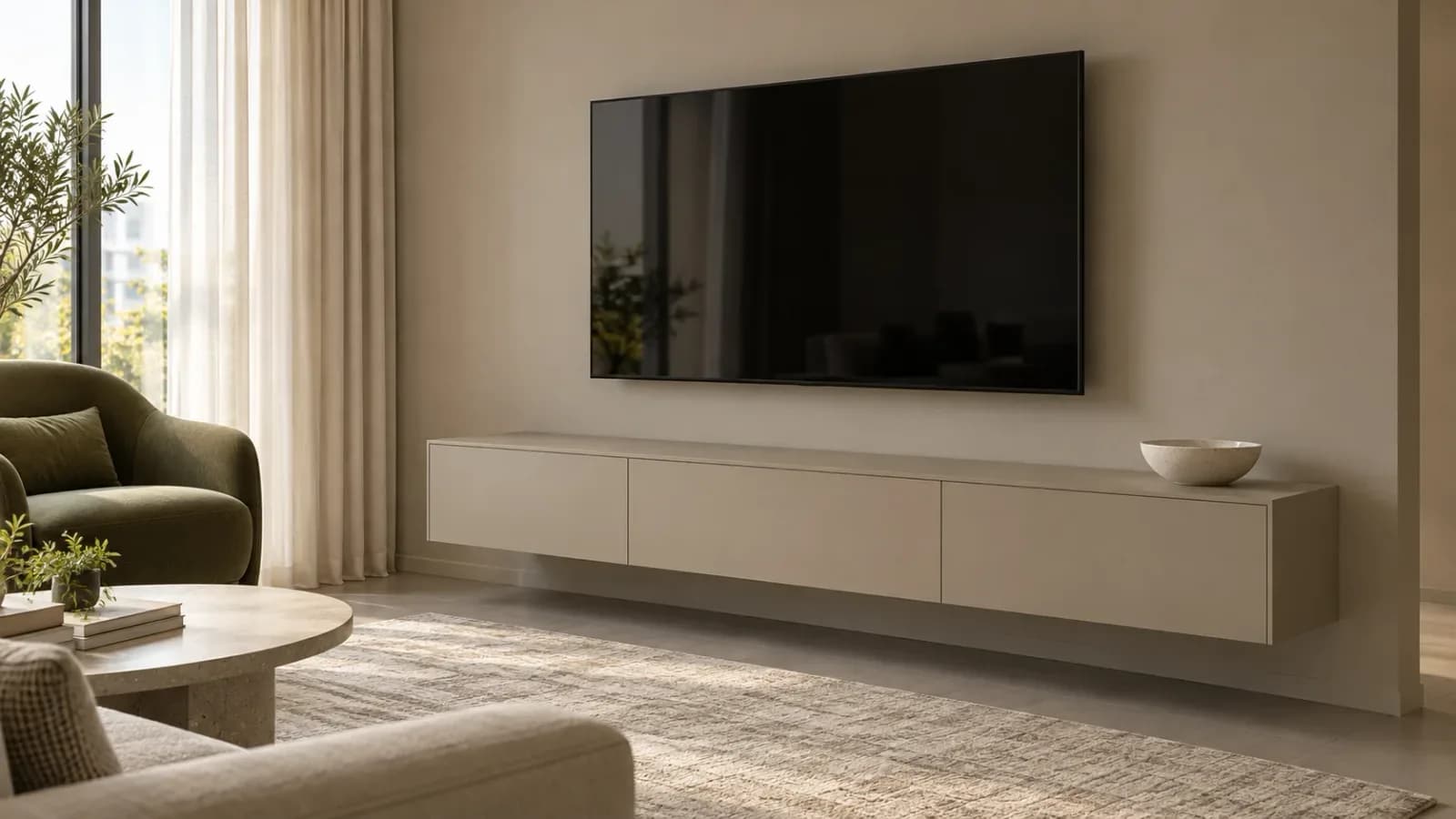 Floating greige laminate TV console against a matching wall beside an olive armchair.